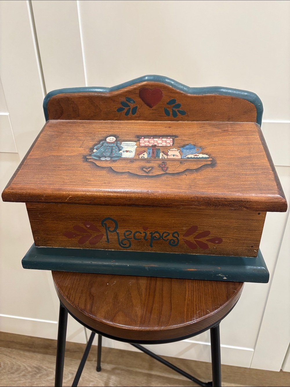 Wooden Recipe Box with Blue Accents and Folk Art Design
